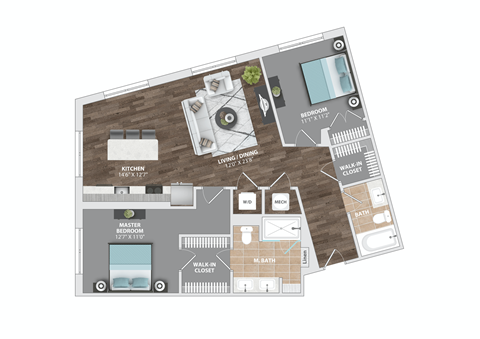 Floor plan for 2 beds, 2 baths, 1130 sqft